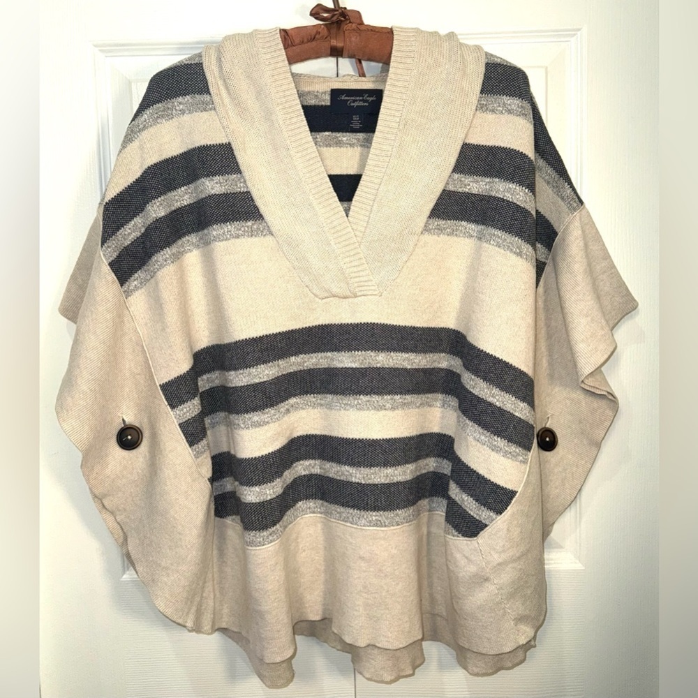 American Eagle Hooded Poncho Sweater Striped Button Sleeve OS XS/S